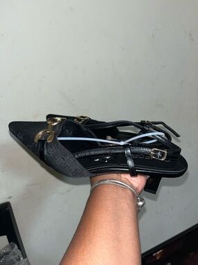 Wild Diva Black Pointed Slingback Heels with Gold Buckle